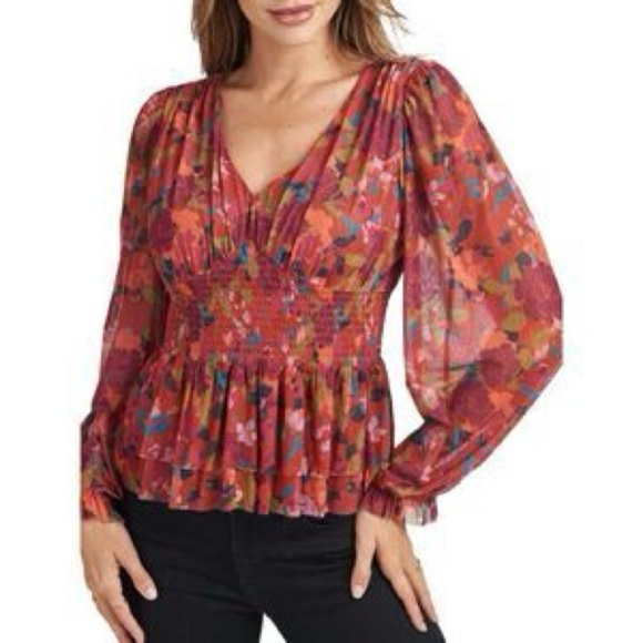 DR2 Tops - DR2 Daniel Rainn Mesh Floral Babydoll Top Sz. XS Orange Red Peplum Smocked Y2K